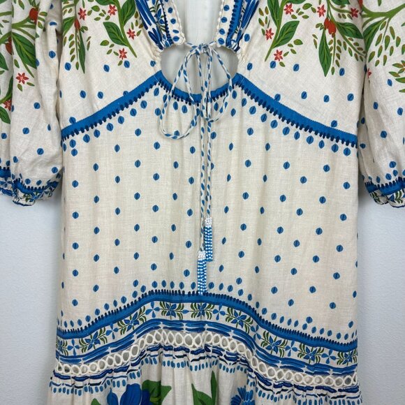 Farm Rio Off White Macaw Flight Maxi Dress L Boho Linen Blend Tiered Summer - Picture 9 of 14